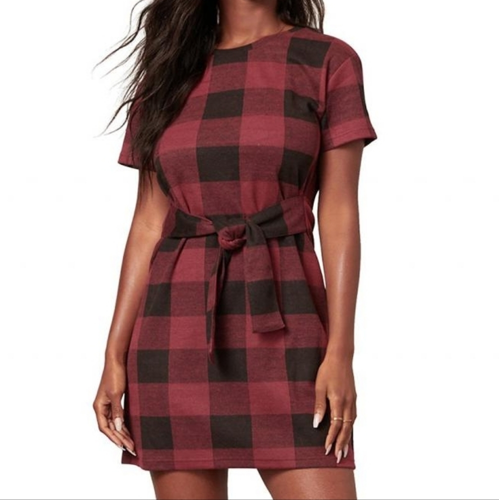Steve Madden Red and Black Plaid Short Sleeve Belted Mini Dress